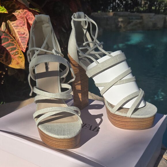 JustFab Cream Lace-Up Block Heels | Size 8.5 | Chic & Comfy - Picture 6 of 8